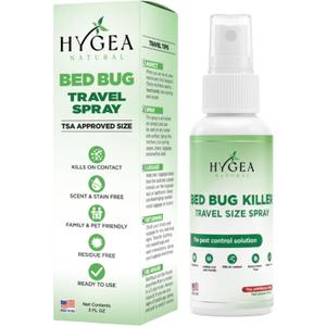 Hygea Natural Lice, Mite, and Bed Bug Killer Travel Spray - TSA Approved Size – Child & Pet Friendly – Immediate Results – Stain & Odor Free, for Hotels, Suitcase, Backpack, Shoes, Bed Bug Spray(3oz)