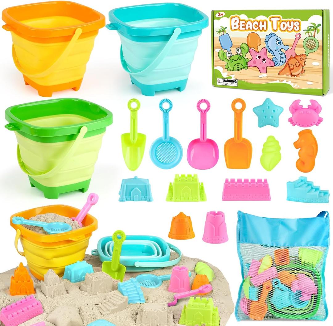 Dreamon Beach Toys for Kids 3-10, Collapsible Sand Toys Include 3 Pack Foldable Buckets, 24 PCS Beach Mold and Shovels Molds, Travel Sandbox Beach Toys for Kids Toddler with Mesh Bag Dreamon Beach Toys for Kids 3-10, Collapsible Sand Toys Include 3 Pack Foldable Buckets, 24 PCS Beach Mold and Shovels Molds, Travel Sandbox Beach Toys for Kids Toddler with Mesh Bag