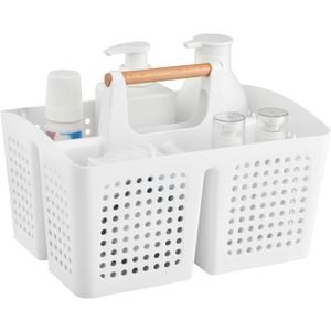 Portable Shower Caddy Basket with Compartments, Plastic Divided Cleaning Caddy Organizer Storage Tote with Handle for Bathroom, College, Dorm Room Essentials, White