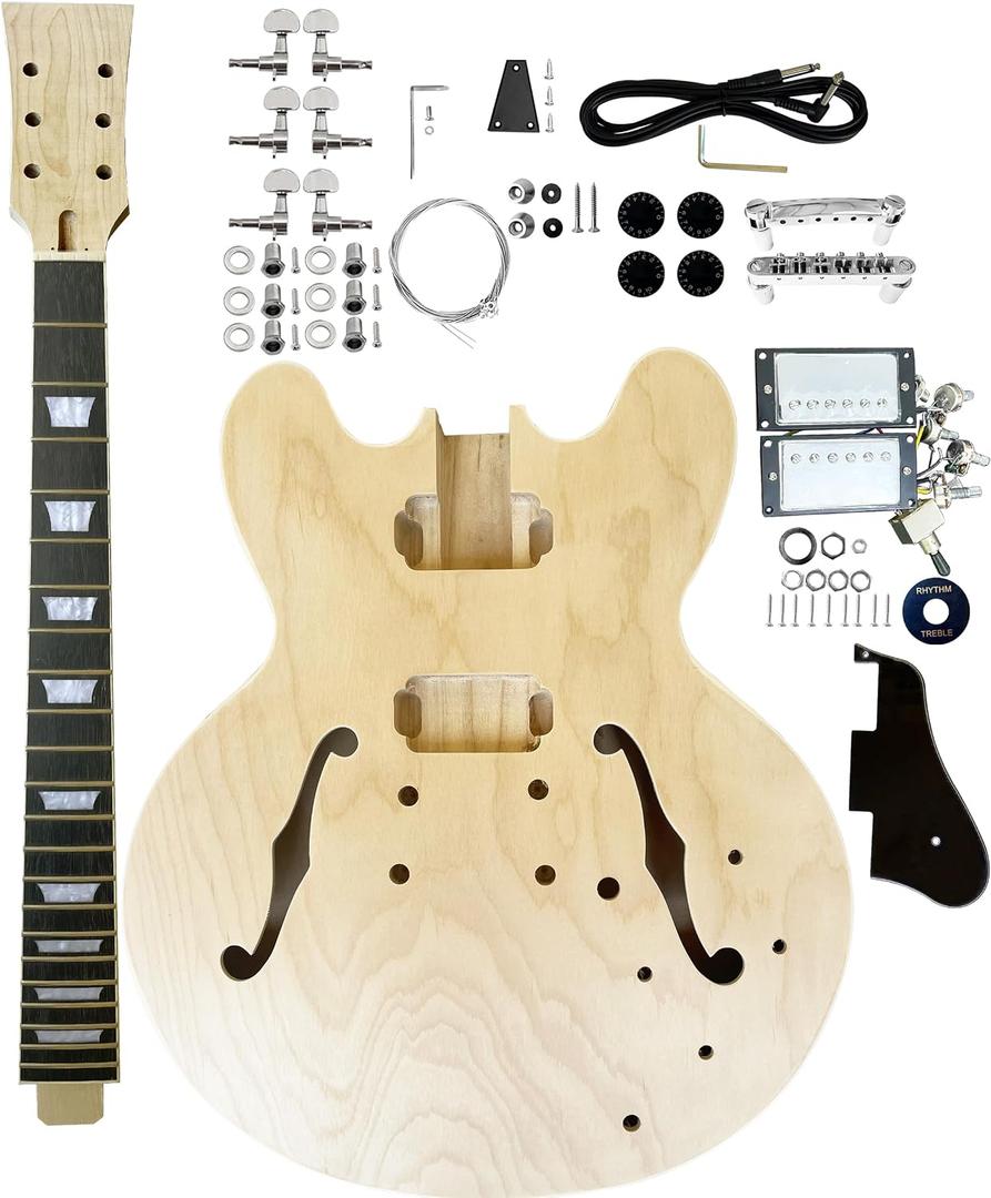 Electric Guitar Kits 3-ply Wood Maple Cap Hollow Guitar Body Blank,Maple Neck & Rosewood Fretboard Unfinished With Electric Hardwares All Parts Included