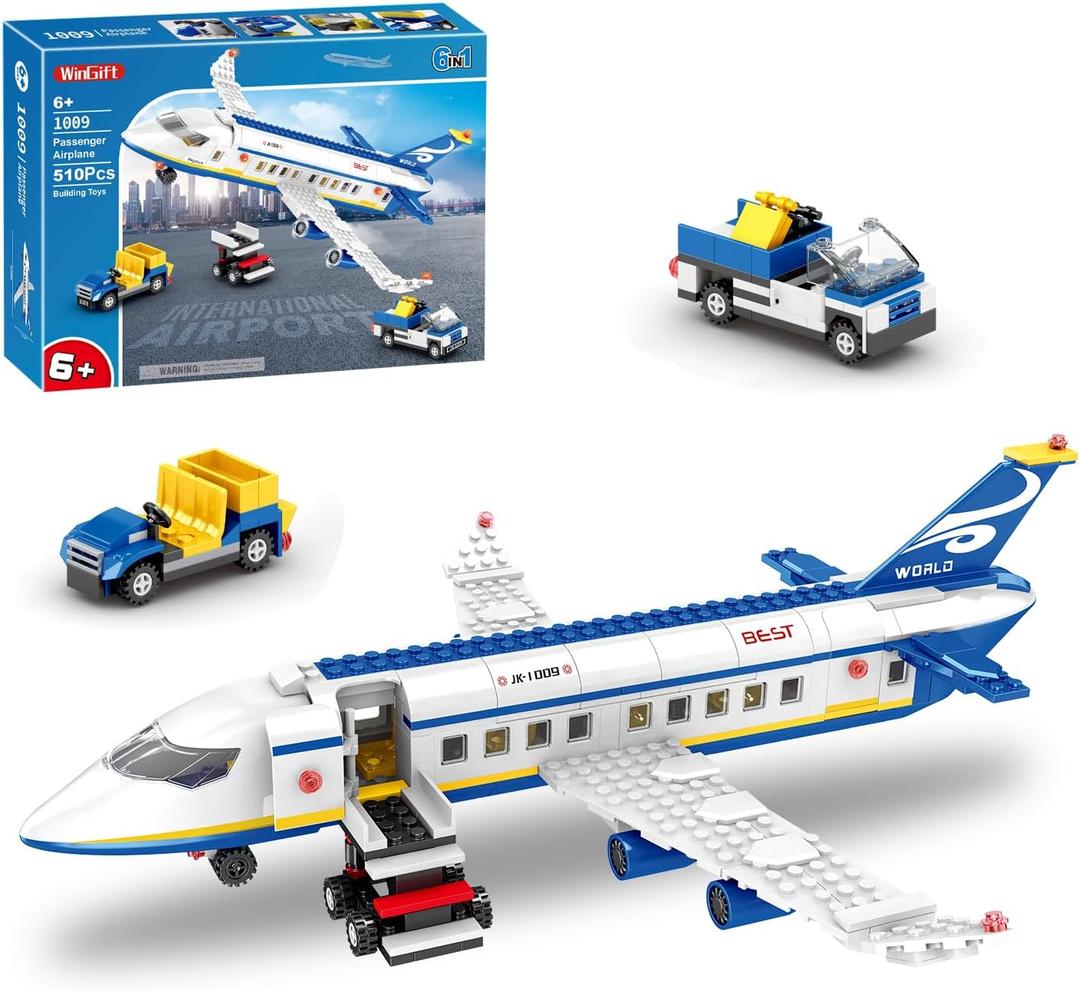 WINGIFT 510 Pcs City Passenger Airplane Building Set, 6 IN1 Plane Building Blocks Toys, STEM Aircraft Bricks with Shuttle Bus, Baggage Truck,Airplanes Model Toys Gifts for Adults Boys Girls Age 6-12+