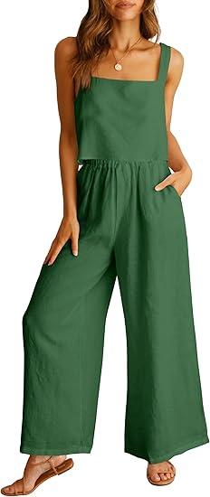 ANRABESS Women's 2 Piece Outfits Linen Pants Jumpsuit Matching Lounge Set Casual Summer Beach Vacation Trendy Clothes, Small