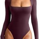 REORIA Women's Basic Lightweight Layering Sexy Slim Square Neck Long Sleeve Bodysuit Tops, Fig, M