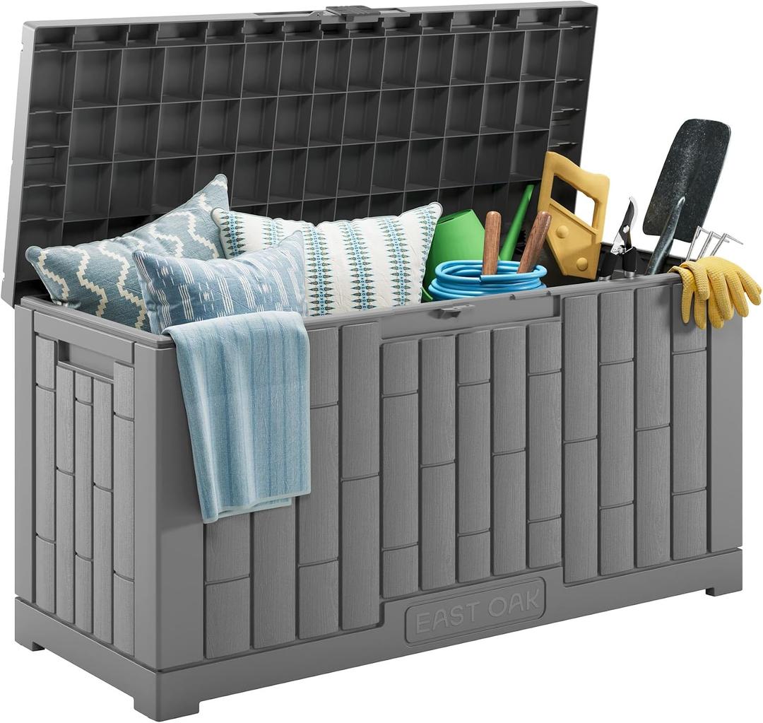 EAST OAK Outdoor Storage Box, 60 Gallon Deck Box Indoor and Outdoor Use, Waterproof Resin Storage Bin for Patio Cushions, Gardening Tools, Lockable, UV Resistant, Grey