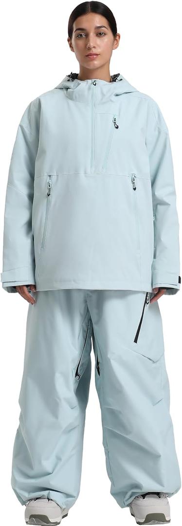 GSOU SNOW Women's Ski Jacket and Pants Set Baggy Snowboard Jacket Snow Suit Waterproof Windproof Hooded Coat (Blue), Size XS