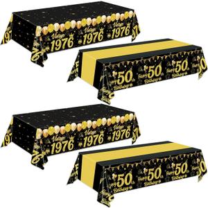 Oigco 4 Pack 50th Birthday Tablecloth, Black and Gold Happy 50th Birthday Decorations Disposable Plastic Birthday Table Cover for Men Woman, 54 x 108 Inch