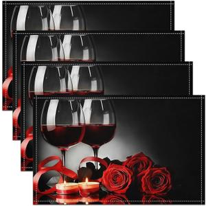 Rose Wine Glass Placemats, Red Black Rose Place Mats 12x18Inch Set of 4, Floral Blossom Wipeable Placemats for Dining Table, Banquet Flower Romantic Valentine's Day Table Mats, Women Men Adult
