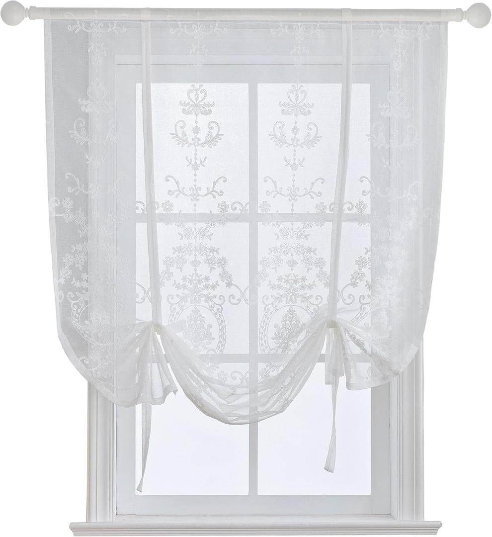 Sheer Tie Up Curtains for Bathroom Girls Bedroom Flower Embroidered Liftable Curtain Kitchen White Lace Short Balloon Curtains for Small Window 31 x 47 Inch