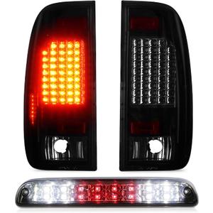 Tail Light + 3rd Third Brake Cargo Lamp for Ford F-250 F-350 F-450 F-550 Super Duty 1999-2007, High Mount Stop Light Rear LED Taillight Assembly Chrome Housing Smoked Lens