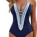 BMJL Women's Sexy One Piece Swimsuit Ruched Tummy Control Bathing Suit Plunge Color Block Swimwear (Large, Deep Blue)