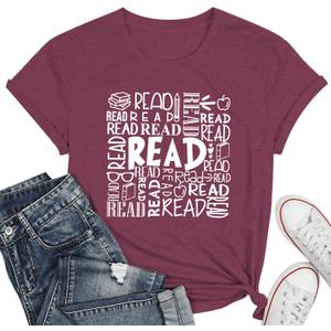 Reading Teacher Shirt Women-Cute Read More Books Short Sleeve Library Book Lovers Daisy Tee Tops (Red, L)
