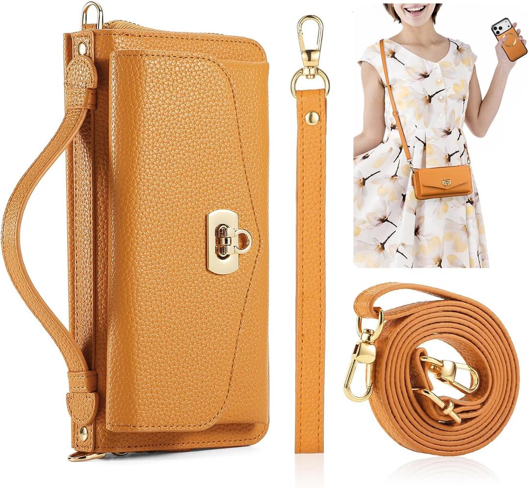 Crossbody Wallet Case for iPhone 17 Pro Max 6.9", Magnetic Detachable PU Leather Case with RFID Blocking Card Holder, Wristlet & Shoulder Strap, Flip Zipper Clutch Purse for Women - Orange