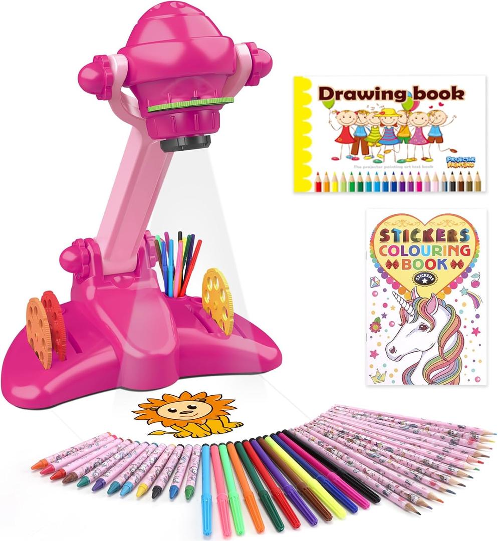Sumsoltic Drawing Projector for Kids, Art and Craft Kit,Including Colored Pencils, Crayons, Coloring Books, Toys for 3+ Year Old Girls (Pink Drawing Kit v2)