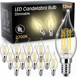 TJOY E12 LED Candelabra Bulb Dimmable, 60W Equivalent LED Chandelier Light Bulbs, 5.5W 2700K Soft Warm White 600LM CA11 Flame Tip Vintage Filament Candle Light, 12 Pack (2700k Warm White)