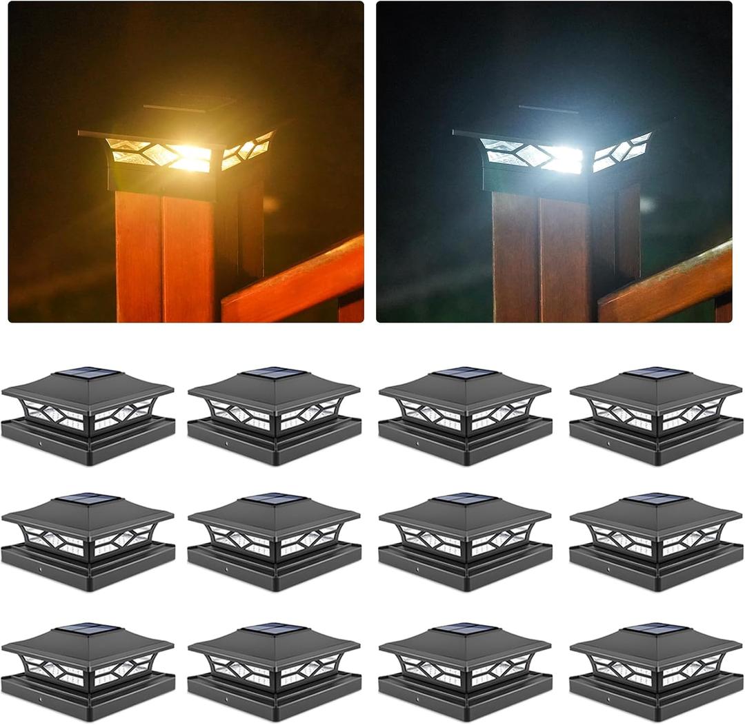 VOLISUN Solar Post Cap Lights: 12 - Pack Outdoor Deck Post Cap Lights Black for Dock Fence Waterproof 2 Color Modes,4x4/6x6 Wooden/Vinyl Posts