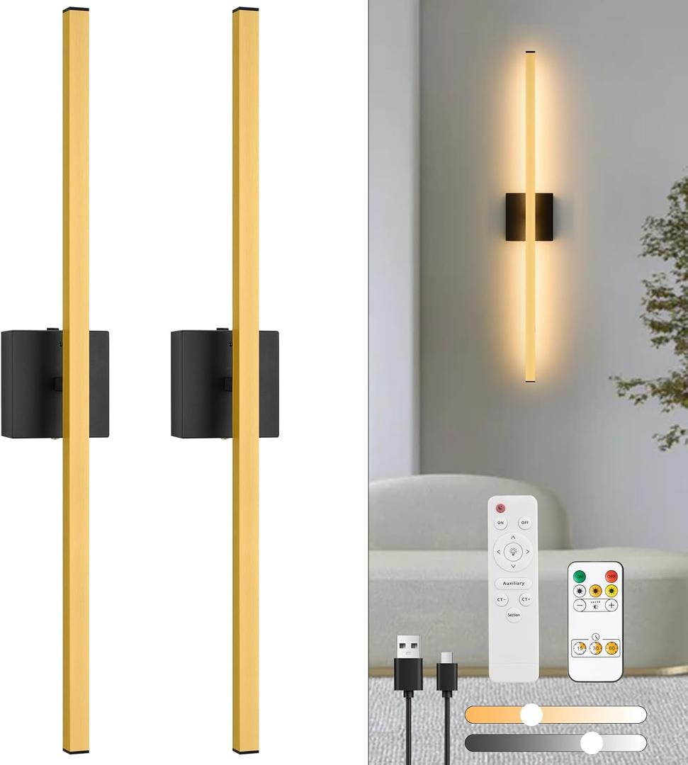 Wireless Battery Operated Wall Sconces Set of 2, 10000mAh Rechargeable LED Wall Lights with Remote Control, Gold 3000K-6000K Dimmable Timing Modern Wall Lamp for Living Room Bedroom, 31.5 inch (Gold)