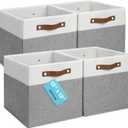 OrganiHaus 12" x 12" x 12" Fabric Cube Storage Bins - Set of 4, Cube Fabric Organizer Bins with Vegan Handles, Kallax Storage Cubes, 12Inch Cubic Baskets for Shelves - Grey / White