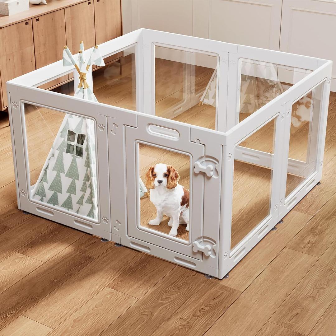 Clear Acrylic Dog Playpen with Door,23.6" Puppy Playpen,Easy Assemble Pet Fence,8-Panel for Puppies/Small Dog Play Pen Indoor (White-8, 23.6 Inch-H, 8 Panel)