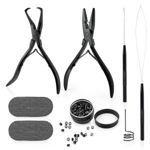 Gomake Microlinks Hair Extensions Kit, Hair Extension Closer and Removal Pliers, Micro Beads Pulling Hook & Microbead Loop Tool, Micro Links Silicone Rings Bead 200PCS(Black)
