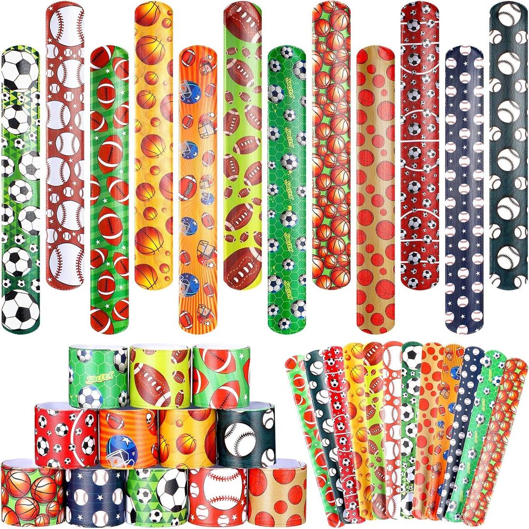 Deekin 48 Pcs Sports Party Favors Slap Bracelets Football Baseball Soccer Snap Bracelet Bands Slap Bands Colorful Decorations for Kids Birthday Party Supplies, 8.8 x 1.2 Inch