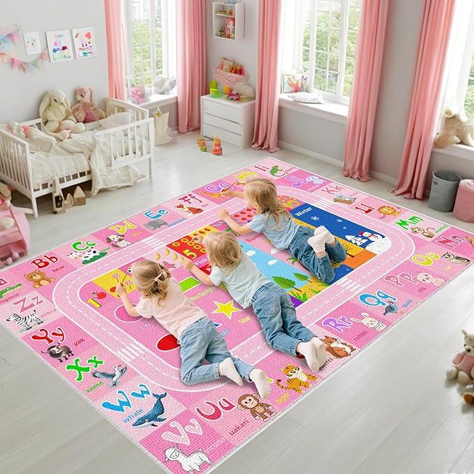 BATATADOCE Alphabet Rugs for Kids Playroom - Cartoon Kids Bedroom Rug Play Mat for Learning Alphabet, Numbers, Animal, Colors, Season, Cute Classroom Rug for Children Girls Bedroom Decor, Pink, 5x7 Feet