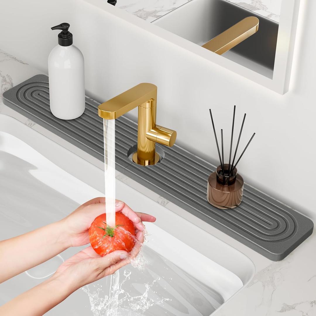 24'' Longer Faucet Mat for Kitchen Sink [Diatomite Stone Super Fast Drying] Stone Faucet Mat for Kitchen Sink Splash Guard Sinks Stones Quick Dry Around Faucets Stones Drying Mats Bathroom (23.7" x 4", Dark Gray)