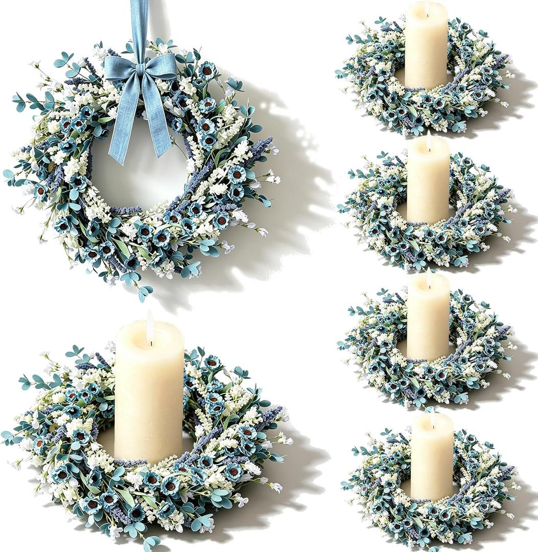 6 Pcs Small Blue Daisy Flower Candle Rings Wreaths Mini Pillar Candle Holder Wreath with White Floral Eucalyptus Leaves Lavender Artificial Spring Grains Wreath for Home Kitchen Table Cnterpieces