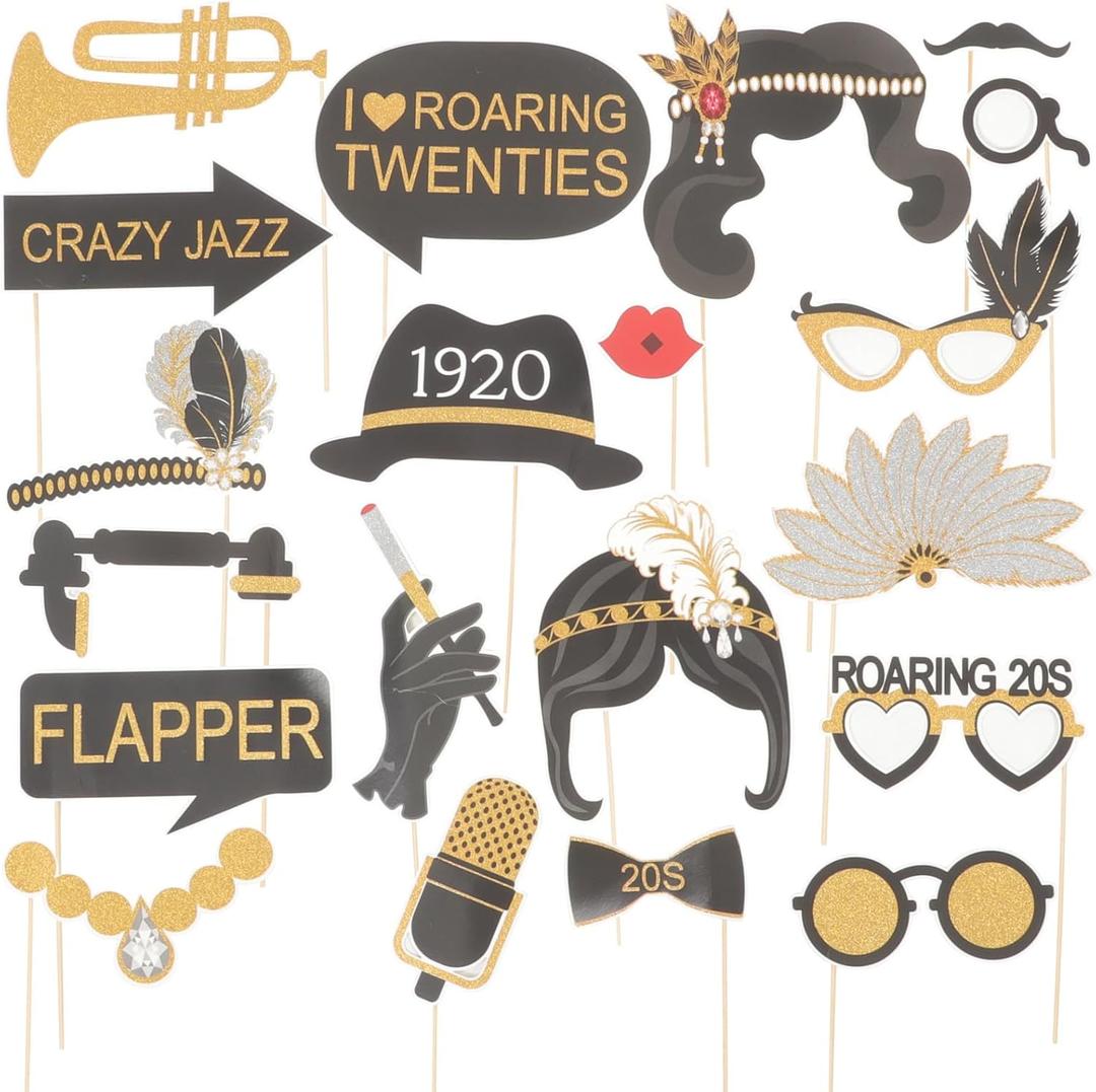 Amosfun 1920s Party Photo Booth Props 20pcs with Wooden Sticks Creative Funny Glitter Photo Props 1920 Theme Party SuppliesBlack Gold