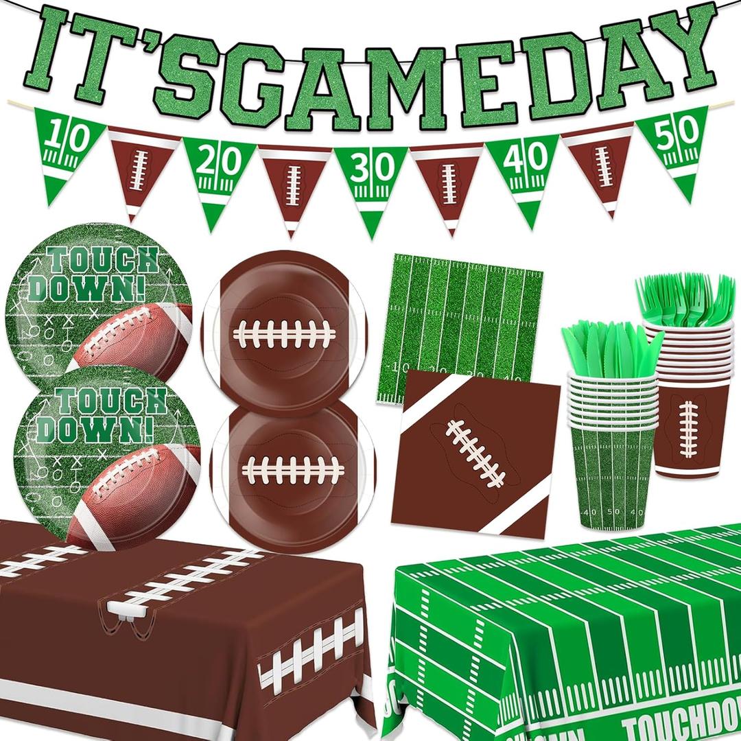 Football Party Supplies Kit And Football Decorations Set Serve 24  Disposable Football Plates, Forks And Knives, Banner And 2 Tablecloths For Game Day, Tailgate And Birthday Parties