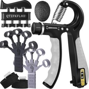 Grip Strength Trainer with Forearm Strengthener, Hand Grip Strengthener, Hand Extension Exerciser, Stress Relief Ball and Hand Grip Strengthener for Muscle Building and Injury Recover(5 PCS) (03-Black-Gray)