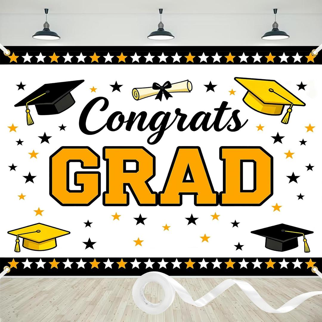 2 x Graduation Photo Backdrop 7x5ft Polyester Graduation Banner Class of 2026 Congrats Grad Banner for Prom Parties and Celebrations Decorations with Ribboon