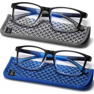 EASY READ 2 Pack Square Reading Glasses for Men, Blue Light Blocking Readers with Spring Hinge to Reduce Eye Strain(Magnification 1.50,Black/Blue)