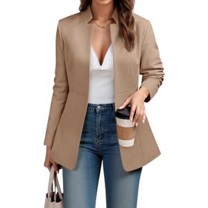Cicy Bell Womens Business Casual Blazer Long Sleeve Open Front Notch Stand Collar Blazer Work Office Jacket Suit (Beige, S)