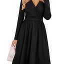 OUGES Women's Fall Long Sleeve Dress Casual Wrap V Neck Flowy Midi Wedding Guest Dresses with Pockets Business Casual Work Teacher Outfits 2025(Black, XXL)
