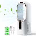 Bladeless Desk Fan, 11.8 Inch Small Rechargeable Fan, Quiet Office Fan, 3 Speeds, Touch Control, Easy to Clean, Desk Fan Small Quiet, Ideal for Home, Office, Travel (White/Gold, With Battery)