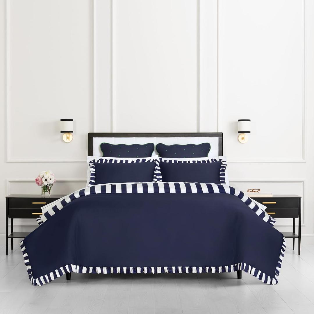 Kate Spade New York Sateen Ruffle Twin Comforter Set, 300 Thread Count Cotton Sateen Reversible Cover, All Season 2 Piece Bedding, Machine Washable, Astral Aura