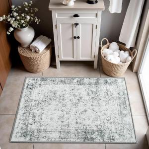 2x3 Washable Rugs for Entryway, Small Area Rug for Kitchen Non Slip, Soft Modern Throw Rugs for Bedroom Beside, Front Door Mat Indoor Entrance Entry Rug, Low Pile, Non-Shedding, Foldable (White Cream/Grey)