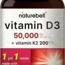 NatureBell Vitamin D3 50,000 IU with Vitamin K2 200mcg, 180 Softgels | High-Potency Bone & Immune Support*, Easy Absorption with Coconut Oil, Non-GMO & Gluten-Free