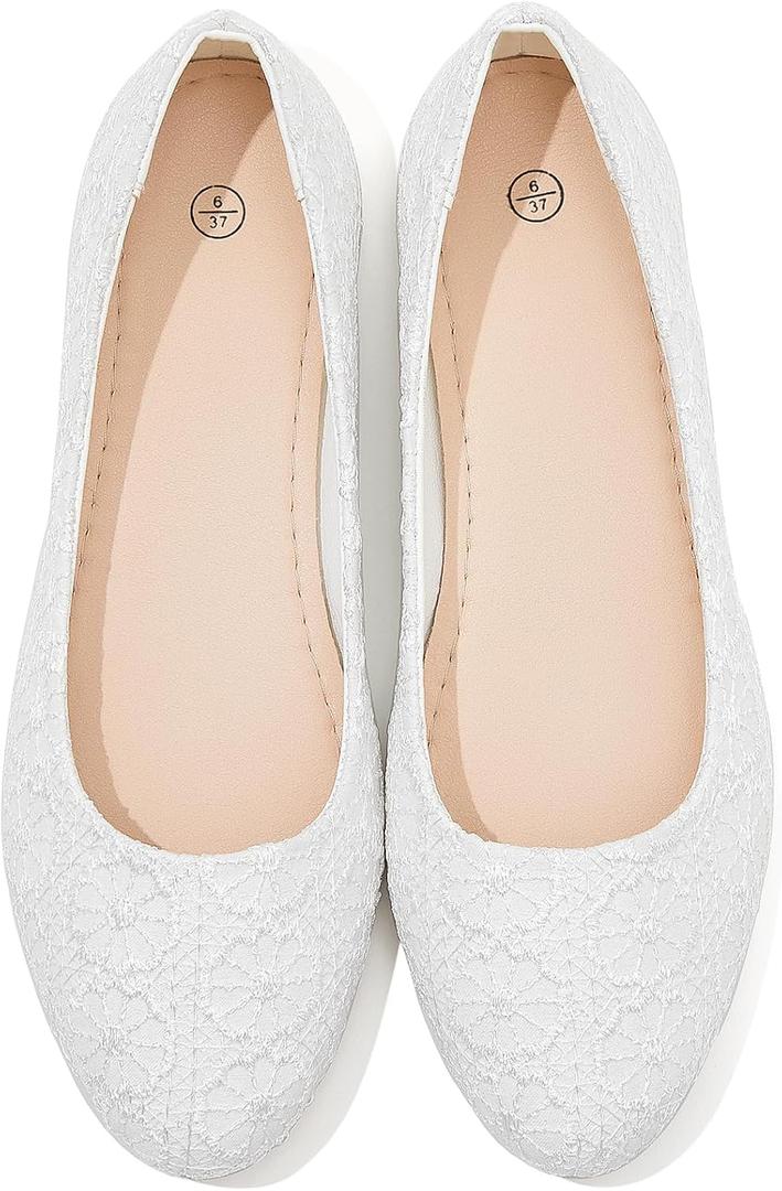 Dress Shoes for Women Round Toe Flats Shoes Lace Ballet Flats Dressy Comfortable Foldable Flats Low Heel (8, White)