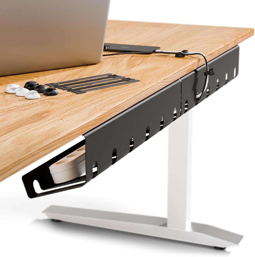 PAMO Cable Management Under Desk for Easy mounting Under-Table I Set of 2 - with 10X Cable Ties I Desk Organizer for Office/Home Office Table Thoughtful Cable Tray Holder (Black)