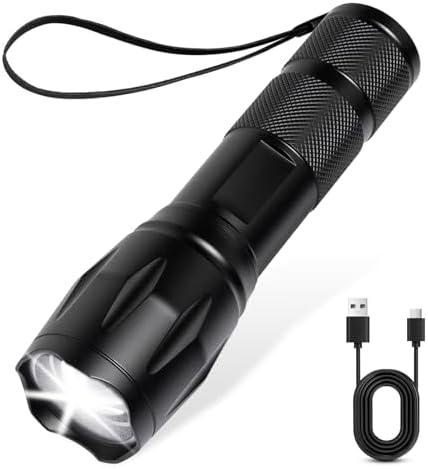 JINIU Rechargeable LED Flashlight, Bright Tactical Torch High Lumens, White Light, Waterproof Handheld Zoomable Flash Light, Gifts for Men, Hunting Camping Essentials Gear
