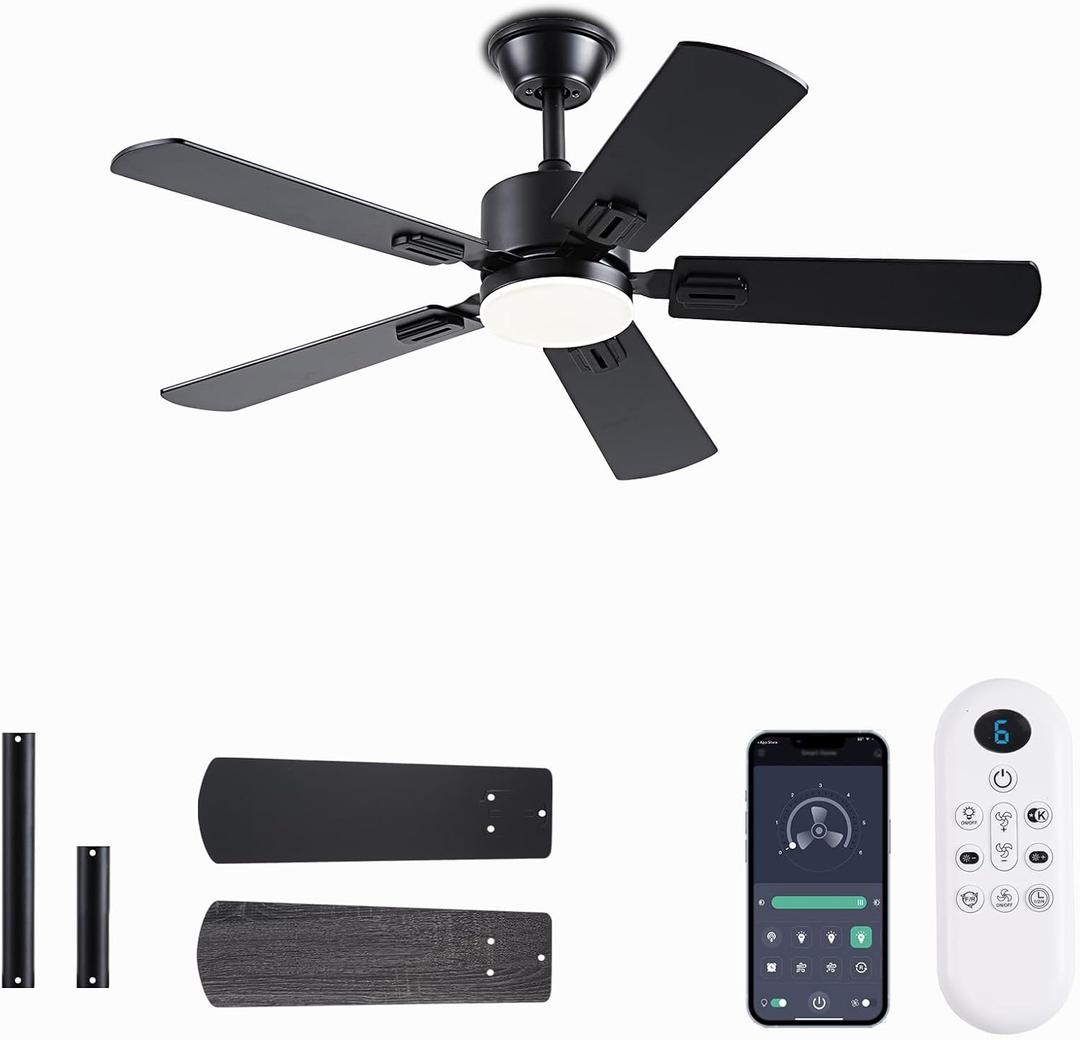 FUMLTP 42 inch Modern Ceiling Fans with Lights APP/Remote Control, Low Profile Reversible 6 Speeds Ceiling Fan Light for Indoor/Outdoor Patio Bedroom Living Room,Black (Black-5 Blade)