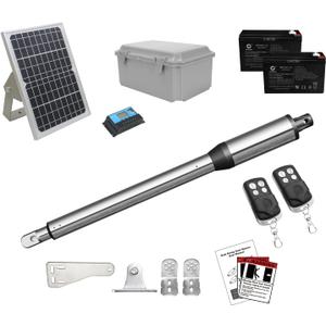 JUJIANG C01 Solar Gate Opener with Batteries & Solar Panel for Single Swing Gates Up to 440lb Automatic Gate Openers with Remote Complete Kit Light Duty Automatic Gate Openers Solar Powered