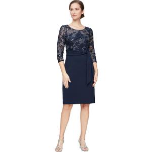 Alex Evenings Womens Cocktail Dress with Tie Waist (8, Navy Embroidery)