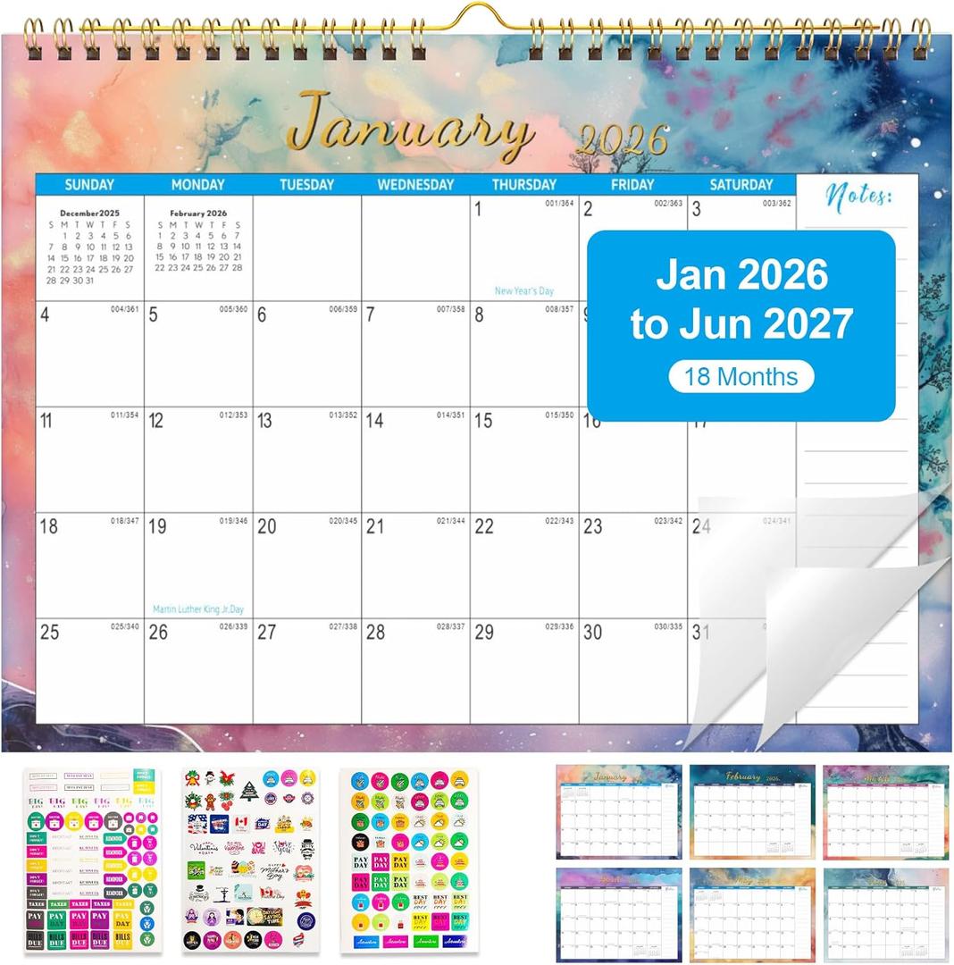 6 x Gannyfer 2026 Wall Calendar, 18 Monthly Desktop/Wall Calendar 2026-2027, Use from Jan 2026 to Jun 2027, 11" x 8.5", Wall Planner for Your Family, School or Office (3 Stickers Included)
