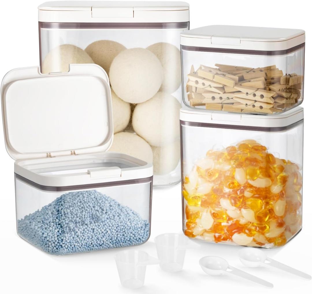 LivLab Mker 4 Pack Laundry Detergent Dispenser with One-Press Lid, Clear PET Powder container with Measuring Cup, Pods container set of 4
