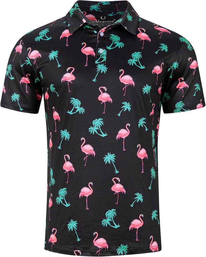 uideazone Mens Polo Shirts Short Sleeve Dry Fit 3D Print Moisture Wicking Funny Golf Shirt (Medium, Flamingo#b)
