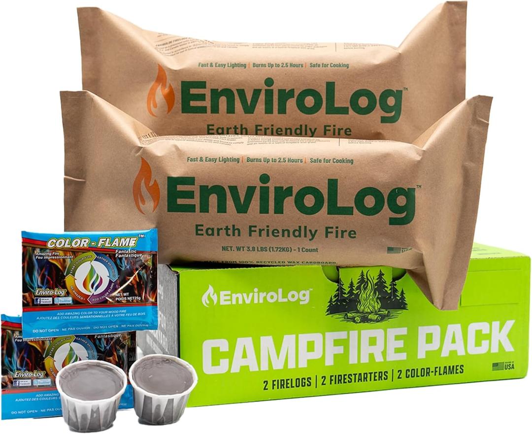 EnviroLog Campfire Pack, 2 Fire Logs, 2 Fire Starters, and 2 Color Flames, for Indoor or Outdoor Fireplace, Fire Pit, Bonfire, and Camping  Safe & Sustainable