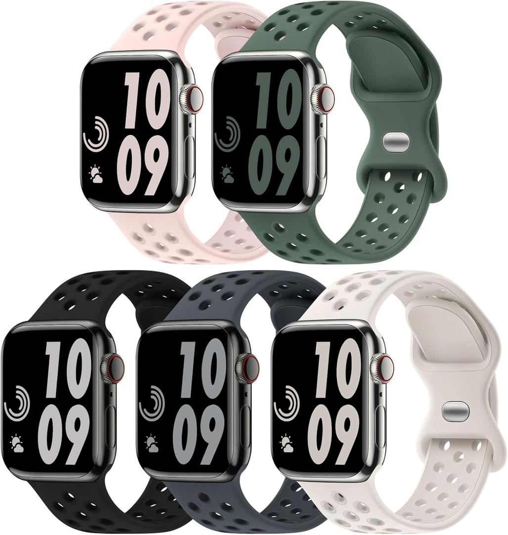 5 Pack Sport Bands Compatible with Apple Watch Band 44mm 45mm 46mm 42mm 41mm 40mm 38mm 49mm for Men Women, Breathable Silicone Wrist Strap for iWatch Series 11 10 9 8 7 6 5 4 3 2 1 SE3 2 1 Ultra3 2 1 (Jet Black / Celestial / Graphite / White / Flint)