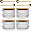Today's Present 4pcs Vintage Glass Coffee Mugs Gifts for Women, Overnight Oats Containers With Bamboo Lids and Spoons, 14oz Clear Embossed Drinking Glass Cups, Tea Cups, Iced Coffee Glasses